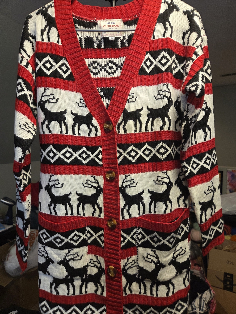 Daisy Boutique Red, White & Black Reindeer Knit Cardigan